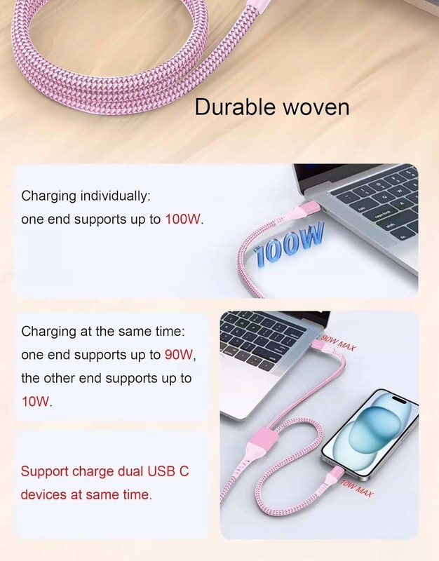 Stylish 4FT Nylon Braided 100W Dual USB C Fast Charging Cable - Reduces Clutter gallery