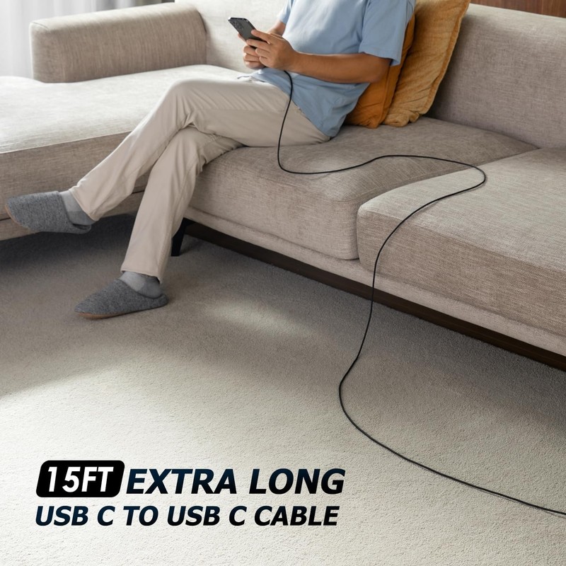 15FT USB C to USB C Cable 100W Fast Charging Cord | Heavy Duty Nylon Braided for gallery