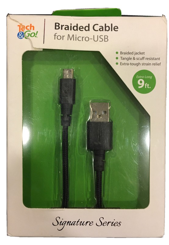 Tech & Go 9 Ft. Braided BLACK Micro-USB Cable with Cable Wrap EXTRA LONG