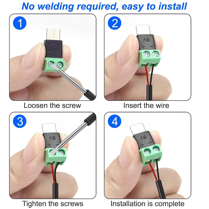 USB Type C Solderless Connector Screw Terminal Adapter USB C Male to 2 Pin Termi gallery