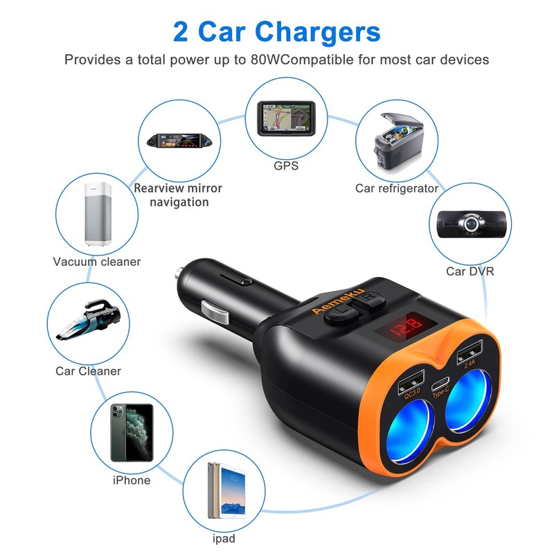 Aemeku PD20W USB-C QC3.0 Fast Charger Car Adapter 120W 2-Socket Orange-Black gallery
