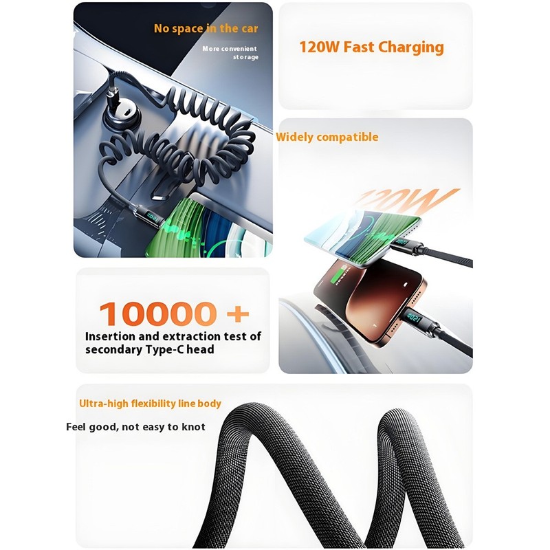 PD 120W 2.0 USB Male to Type-C Spring Coiled Data Charging Cable Digital Display gallery