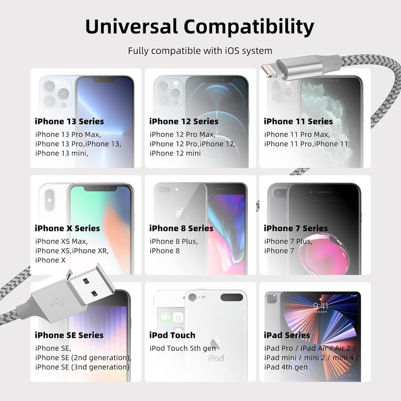 iPhone Charger 3 Pack 10 ft Apple MFi Certified Lightning Nylon Braided Cable... gallery