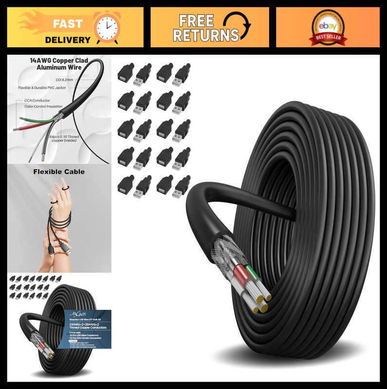 75FT USB 4-Pin Bare Wire Kit, 24AWG Power Cable, 20 Pcs Type A 2.0 Connectors