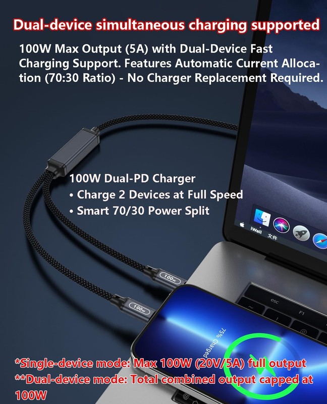 100W Max 2 in 1 USB to USB Cable,4FT，Fast Charging for iPhone 16/16 Max/15 Se... gallery