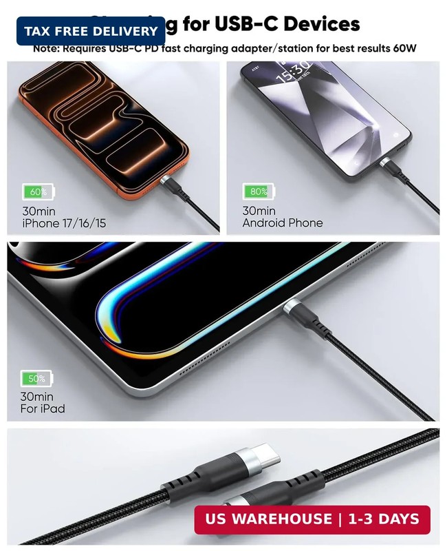 15ft USB C Cable Fast Charging 60W, Long USBC to USB-C Charge Cord 15 Foot Type gallery