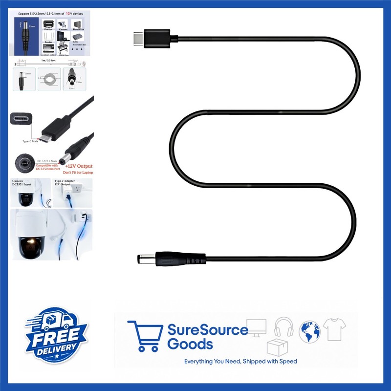 USB C to DC 12V Power Cable 5 Feet for Cameras, Routers, and Studio Use