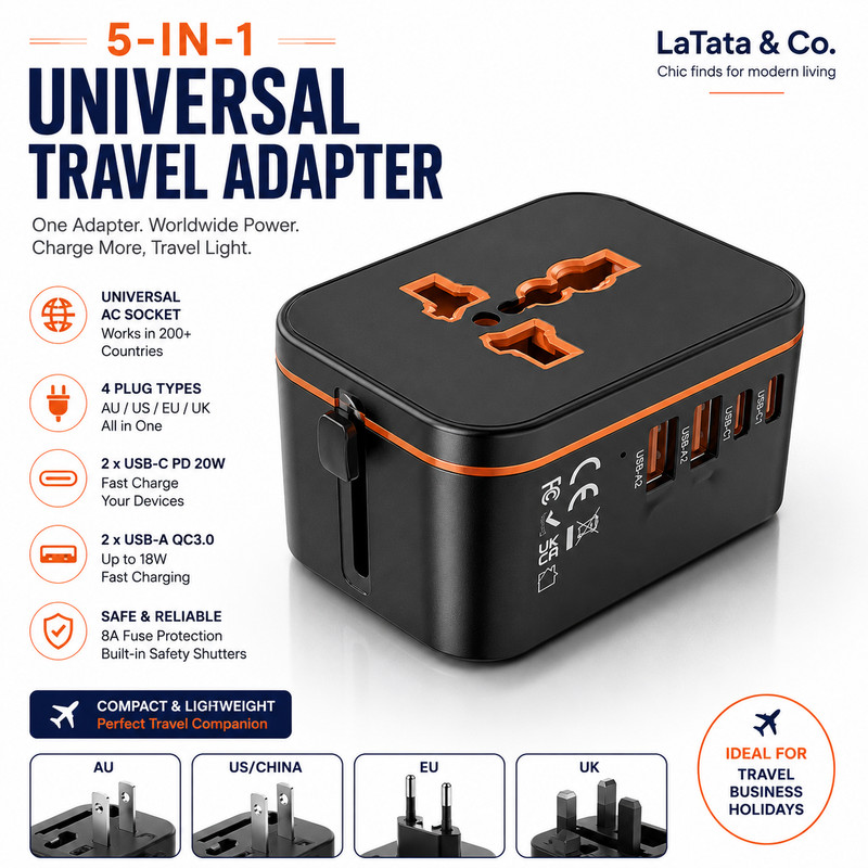 Universal Travel Adapter 5-in-1 20W USB-C PD QC3.0 AU UK EU US Plug 3
