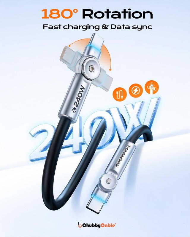 240W Dual 180° Rotating Fast Charging Cable, LED Light, Soft Silicone, 6.6ft, Du gallery