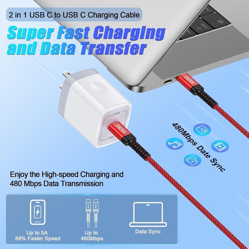 Universal 3FT USB C to C Cable with 240W Fast Charging & 480Mbps Data Transfer gallery