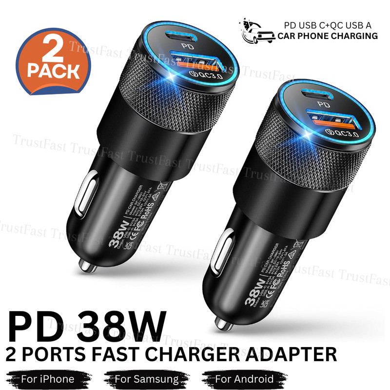 2Pcs 2-Port Fast Car Charger PD 38W 12V Adapter for iPhone Samsung Android Phone