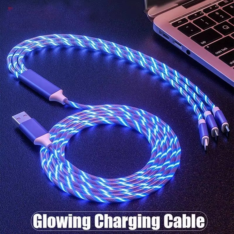3 in 1 LED Glowing Charging Cable Flowing Light 3A USB-C Type-C Micro 8-Pin Blue