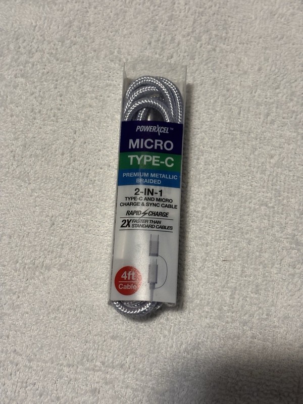 PowerXcel Micro Type-C 2-In-1 Charge & Sync Cable Metallic Braided 4 Foot Silver