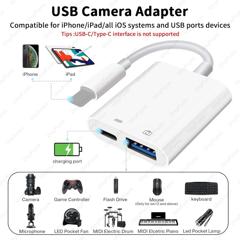OTG USB Adapter with Charging Port for iPhone USB Camera Card Reader Flash Drive gallery