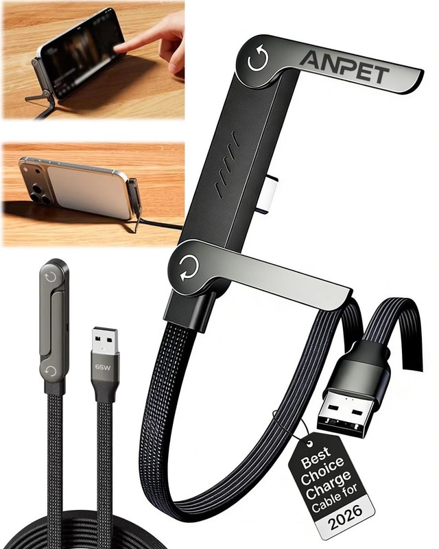 240w Braided Fast Charge Cable with Built-in Stand, 2-in-1 Invisible Holder C…