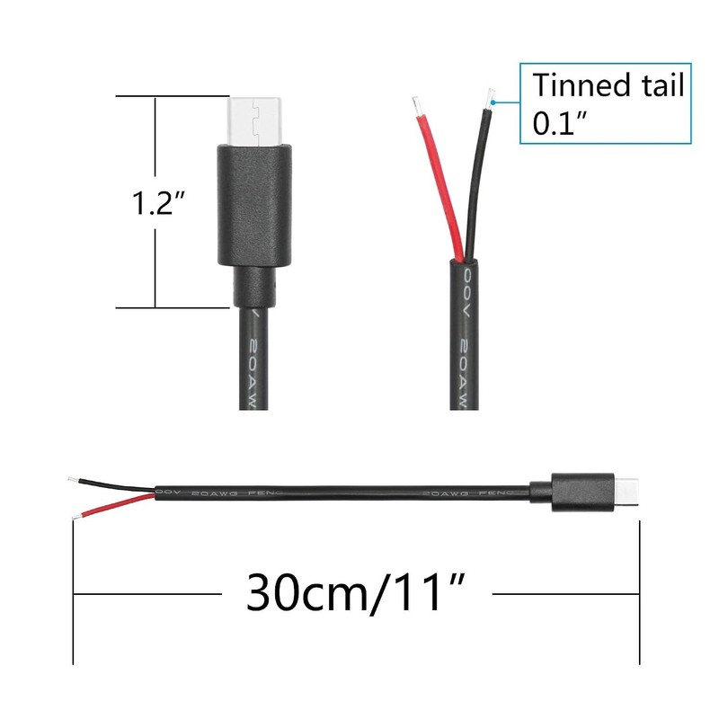 USB C to 2 Pin Bare Wire Power Cable 11in 5V 5A 20AWG 4 Pack for DIY Repair gallery