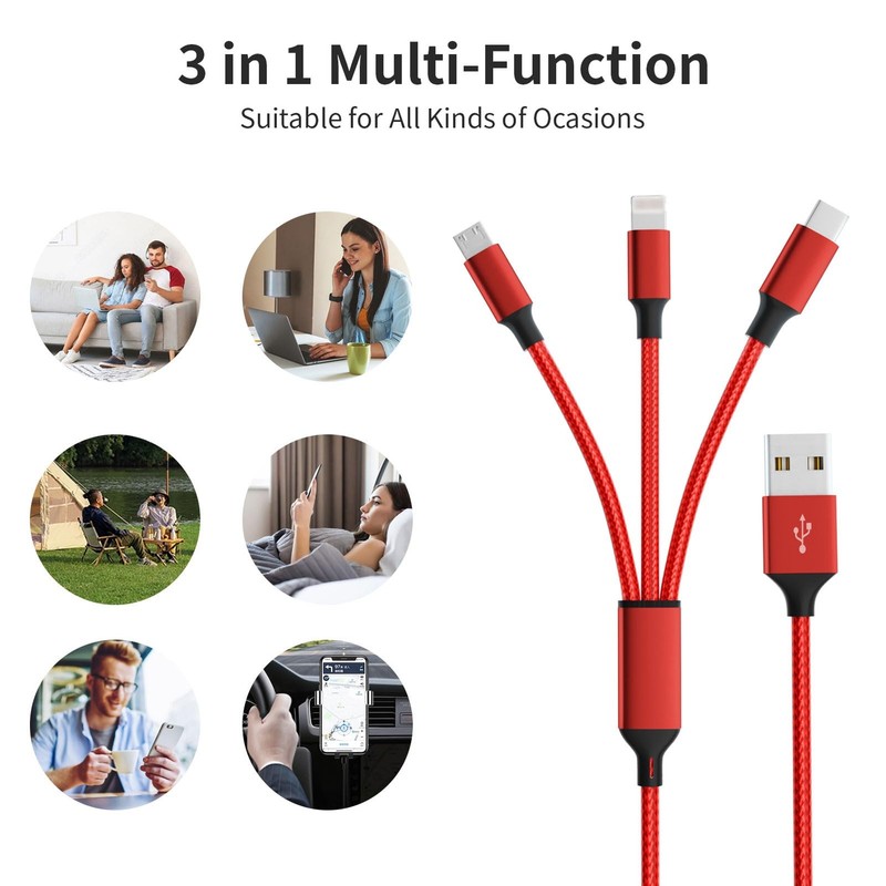 3 in 1 Multi Charging Cable[2 Pack 4FT], Red Braided Nylon USB Cable & Travel... gallery