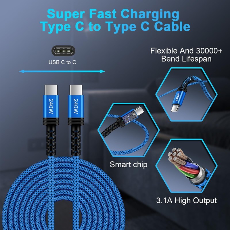2 Pack 240W USB C to C Cable Fast Charging 6FT Type C Charger Cord Blue Purple gallery