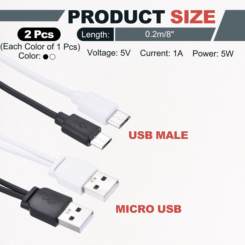 2Pcs Multi Charging Cable, 2 in 1 USB A to Micro USB Splitter 8", Black White gallery