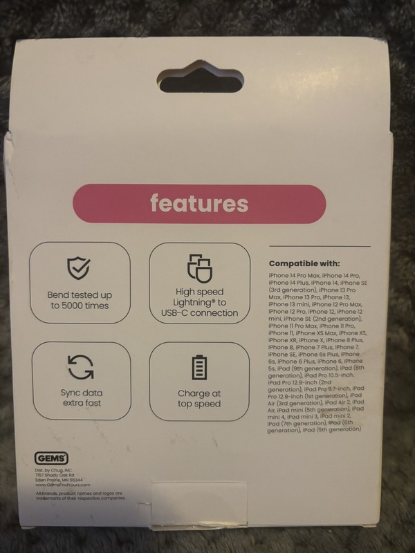 Charge Up 6 ft. (1.8 m) USB-C to Lightening Cable, Color Pink, ~New in Box~ gallery