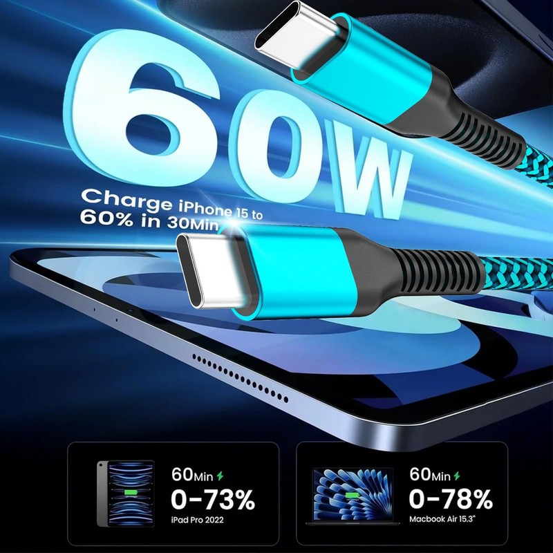 3 Pack 6ft USB C Cable 60W PD 3.0 Fast Charging Type C Cord Blue Purple Wire gallery