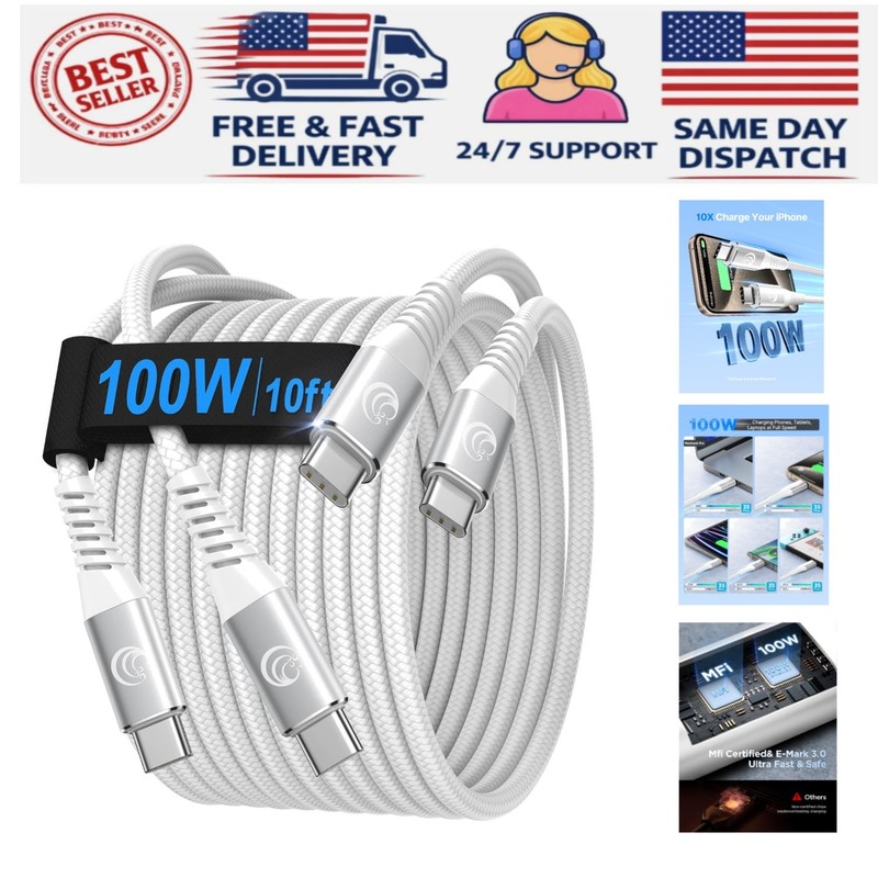 MFi Certified 10ft USB C to USB C Charging Cable [2-Pack] – Fast & Eco-Friendly