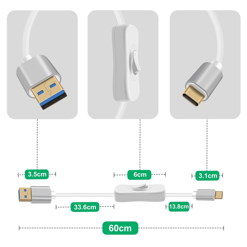 1 PC USB A 3.0 To USB C Cable With Switch 5Gbps Charging Data White 0.6m Cord gallery