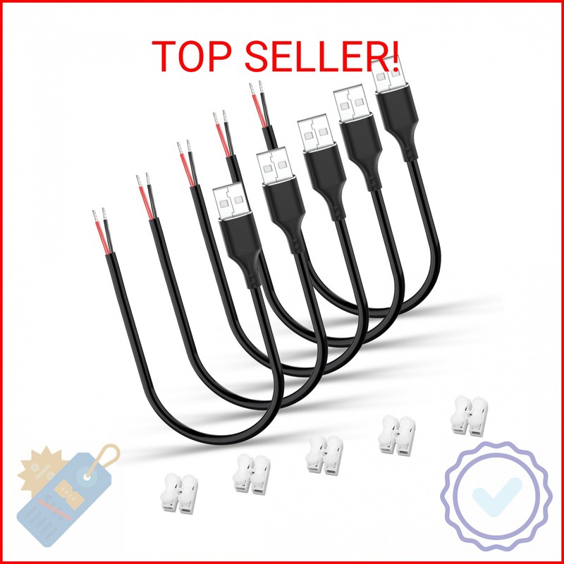 Vovucai 5 Pcs USB A Male to Bare Wire Cable - 12V/3A 30cm Open End Pigtail Power