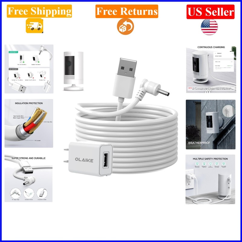 5m White Weatherproof Charging Cable for Ring Stick Up Cam Battery & Gen 2/3