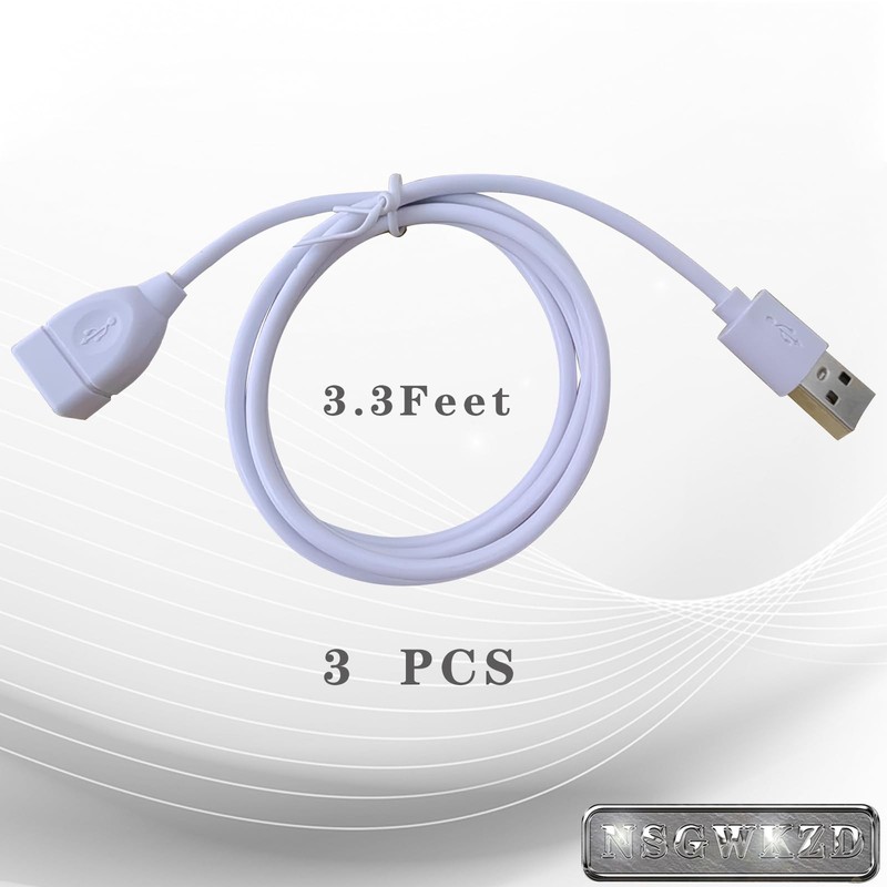 3 PCS USB Male To Female Extension Cable 3.3Ft Extender Cord White Data Sync gallery