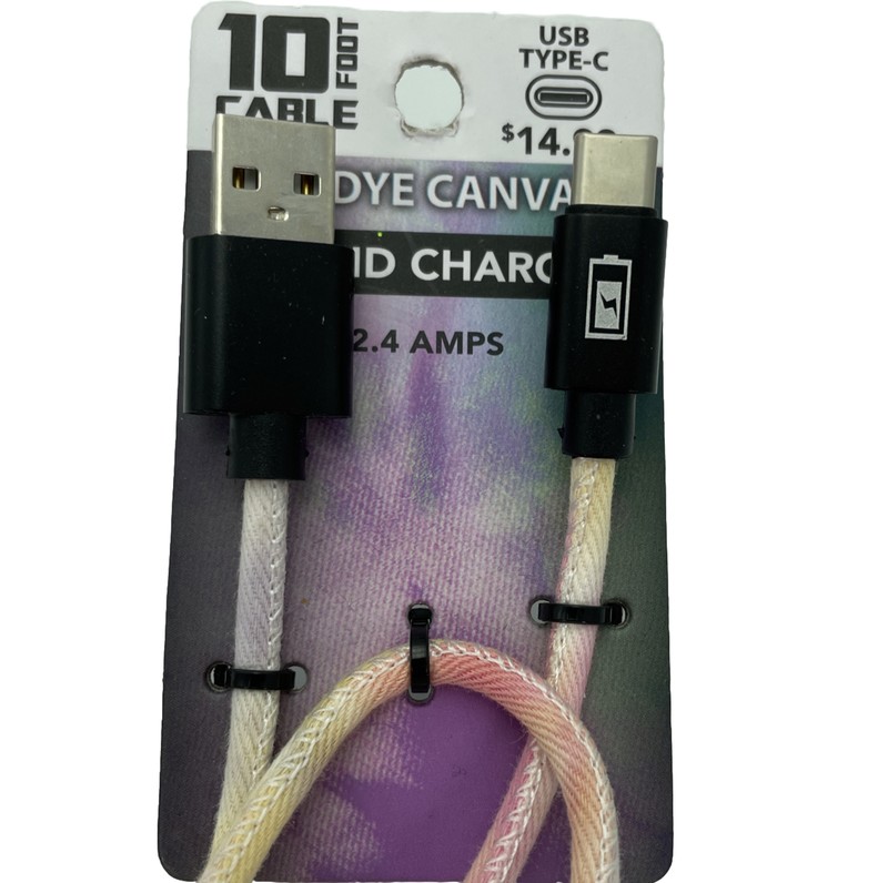 Rapid Charge USB Type C Charging Cable 10′ Long Tie Dye Canvas Pastel Colors