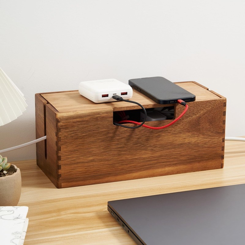 Acacia Wood Cable Management Box, Wooden Cord Hider & Organizer Color