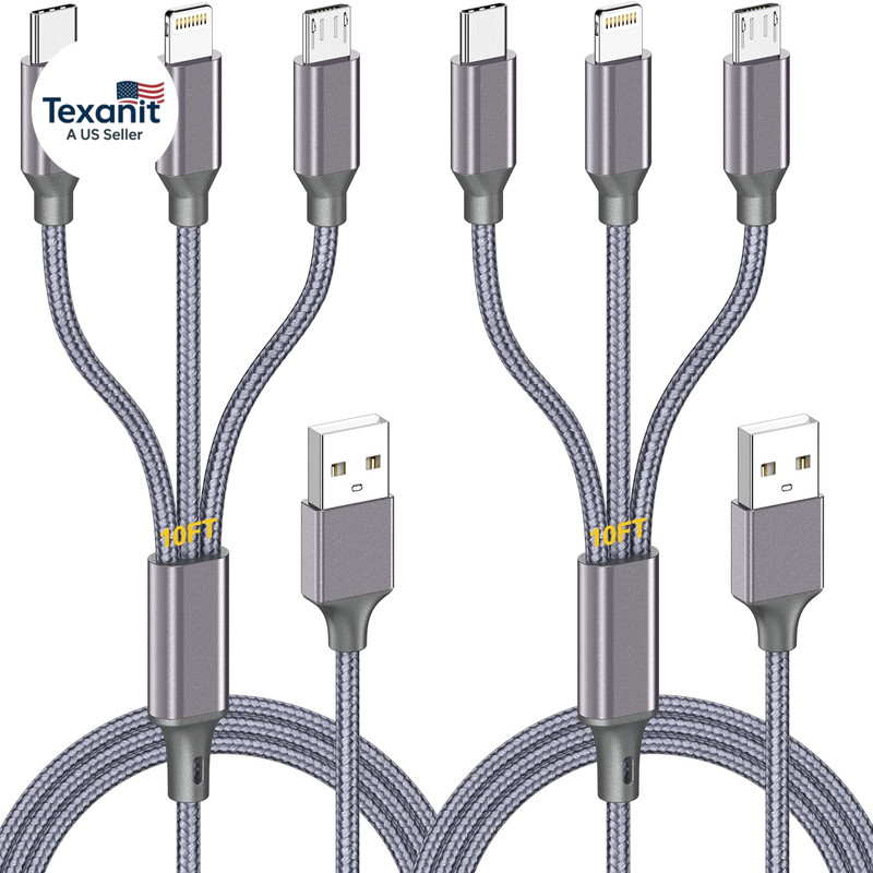 Multi Charging Cable (10Ft 2Pack),3 in 1 USB Charging Cable for Multiple Devices