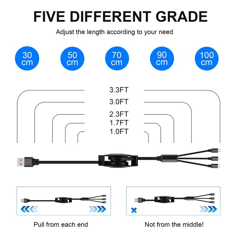 3 Pack 3-in-1 Multi USB Retractable Fast Charger Cable with Type-C Micro USB gallery