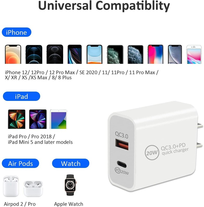 20W USB-C Power Adapter Block PD Fast Charger Cord For iPhone 14 13 12 11 XR X 8 gallery