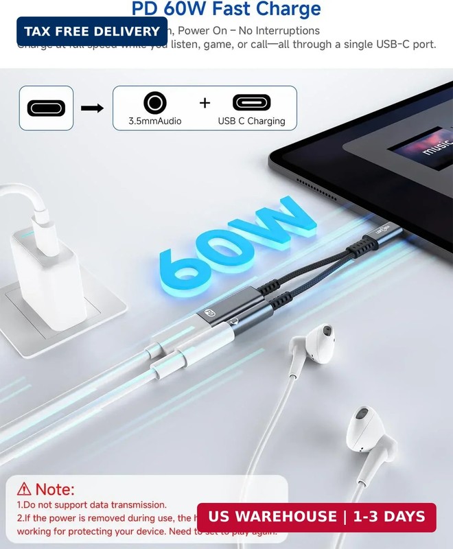 USB C to 3.5mm Headphone and Charger Adapter, 2-in-1 Type C to Aux Jack Audio Ca gallery