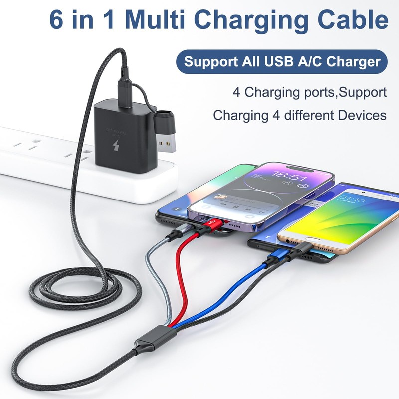 2 PCS 6 in 1 Multi Charging Cable 6 FT 3A Braided Universal USB A/C IP Micro gallery