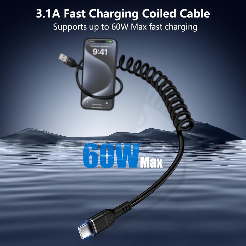 3FT Iphone Coiled Car Charger Cable, [Black] USB-C Coiled Cable for Iphone gallery