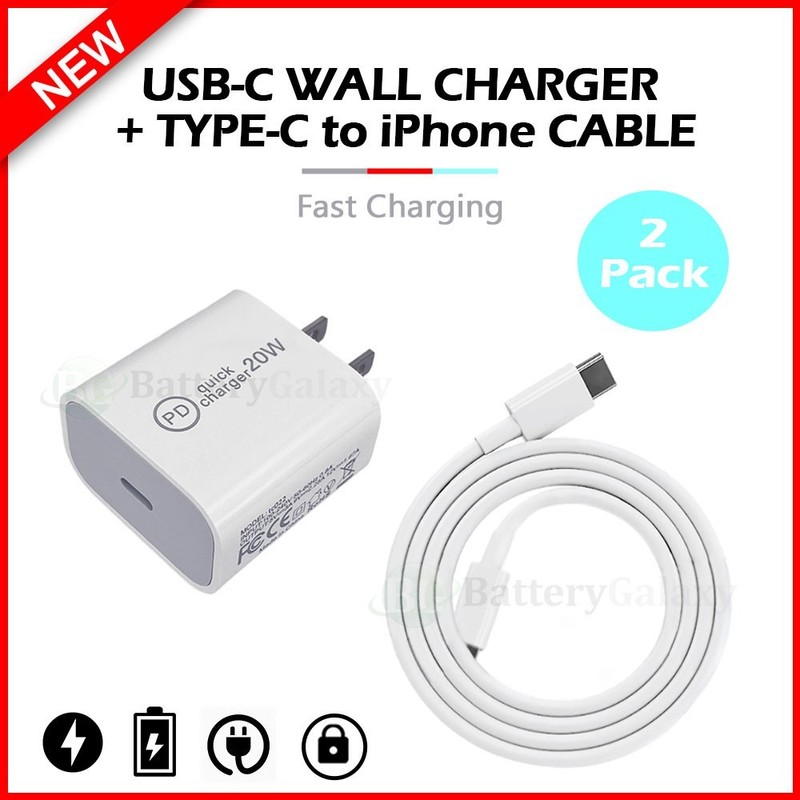 iPhone 14 13 12 Pro Max Plus Fast Charger Wall Adapter 20W +USB-C Cable (2-PACK)