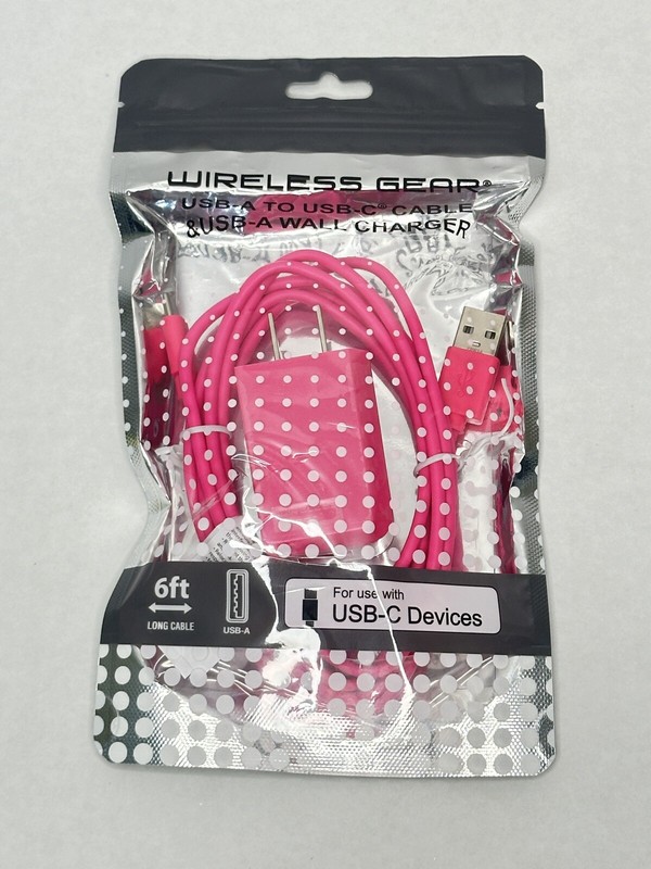 Wireless Gear USB-A to USB-C Cable & USB-A Wall Charger, Pink 6Ft Cable