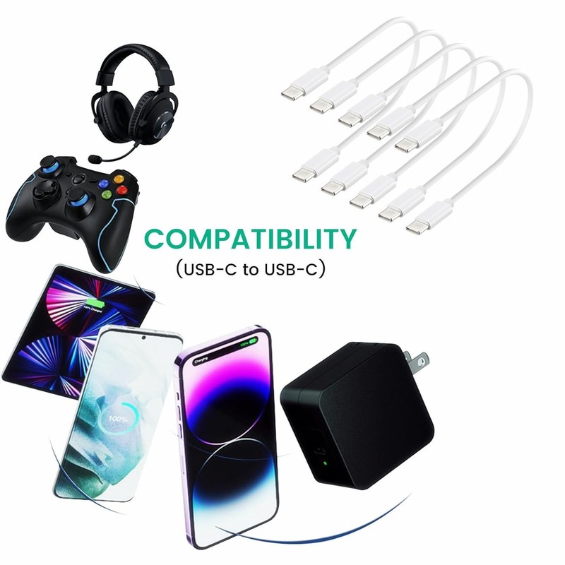 Performance Pack: 5 USB-C to Type-C Fast Charge Cables - 1ft White TPE Wires gallery