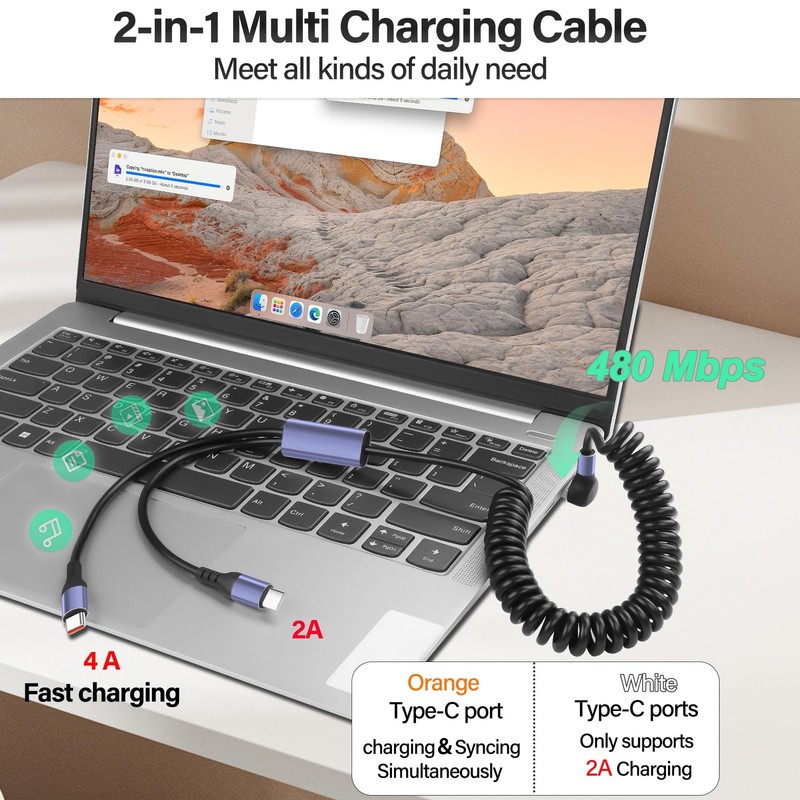 Coiled Multi USB Charging Cable 2 in 1 Type C Port 90 Degree Splitter 5.9FT gallery