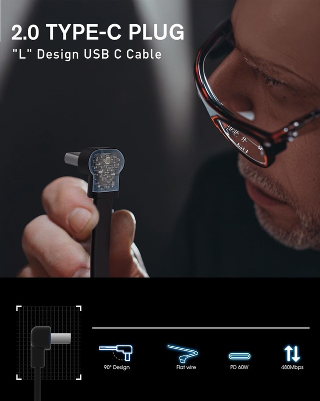 Short USB C Cable, 4 inch Flat Dual USB C Cable Right Angle, 60W PD Type C Fa... gallery