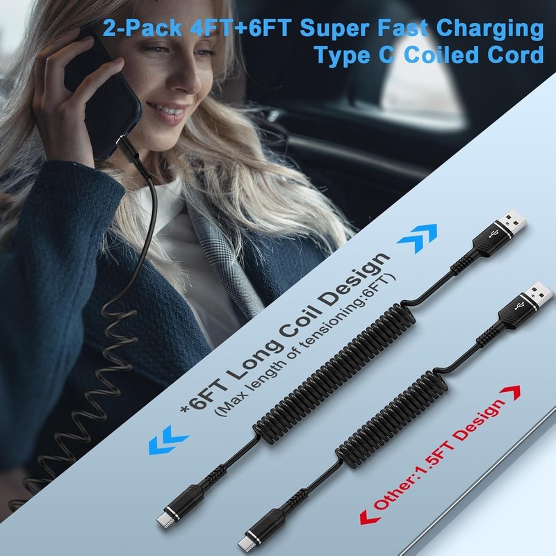 Retractable iPhone 17e Car Charger USB C Coiled Cord Car Carplay Charger Cable f gallery