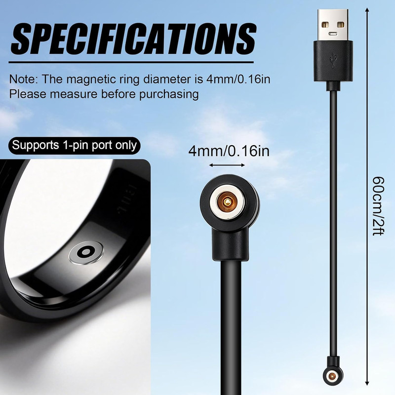 2Pcs Magnetic Smart Ring Charger Cable, 60Cm/2Ft Long 4Mm Magnetic Head USB-A Ch gallery