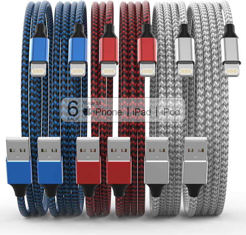 [Apple Mfi Certified] 6Pack 3/3/6/6/6/10 FT Iphone Charger Nylon Braided Fast Ch