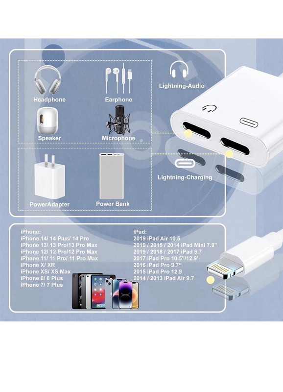 2 IN 1 Headphone Adapter Jack 8 Pin Data to 3.5mm AUX Cord Splitter, iPhone iPad gallery