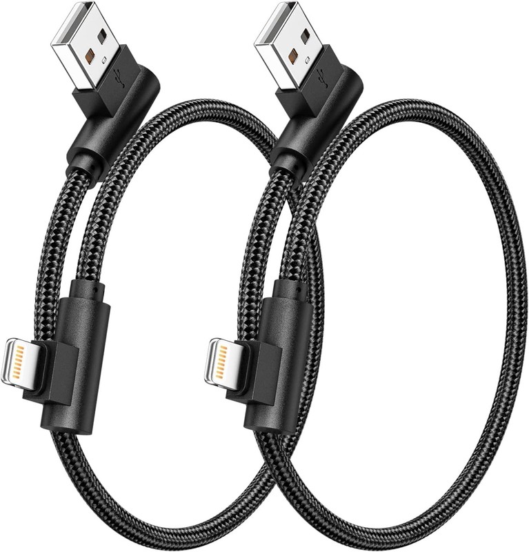 iPhone Charger 1ft 90 Degree 2 Pack MFi Certified Elbow Short Lightning Black