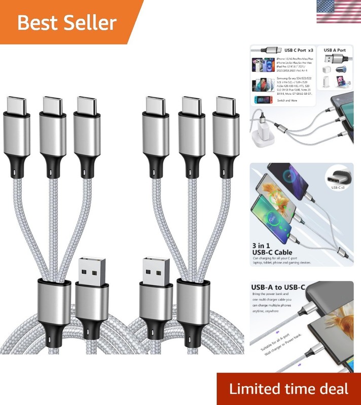 3-in-1 Multi Charging Cable – Fast USB C Splitter with 3 Type-C Ports, 2Pack 4FT