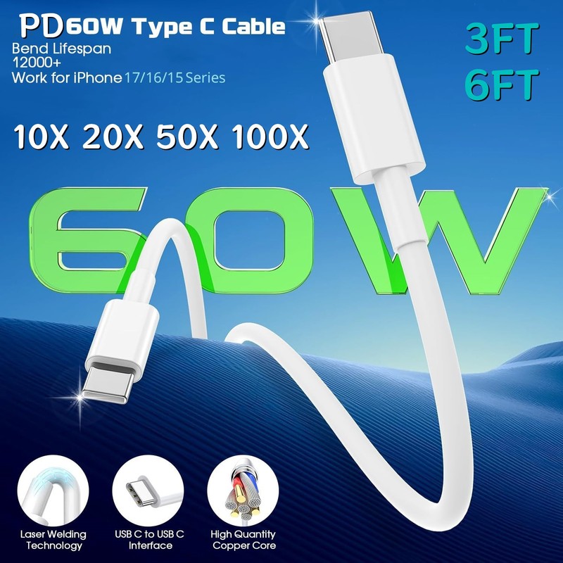 60W Dual Type C Fast Charger PD USB C Cable For iPhoneiPad/M acbook/Samsung Lot gallery
